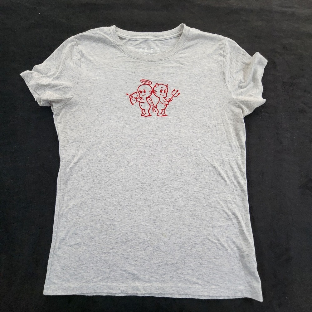 Free State Angel & Devil Babies Gray Short Sleeve Cotton Blend T-Shirt Womens XL